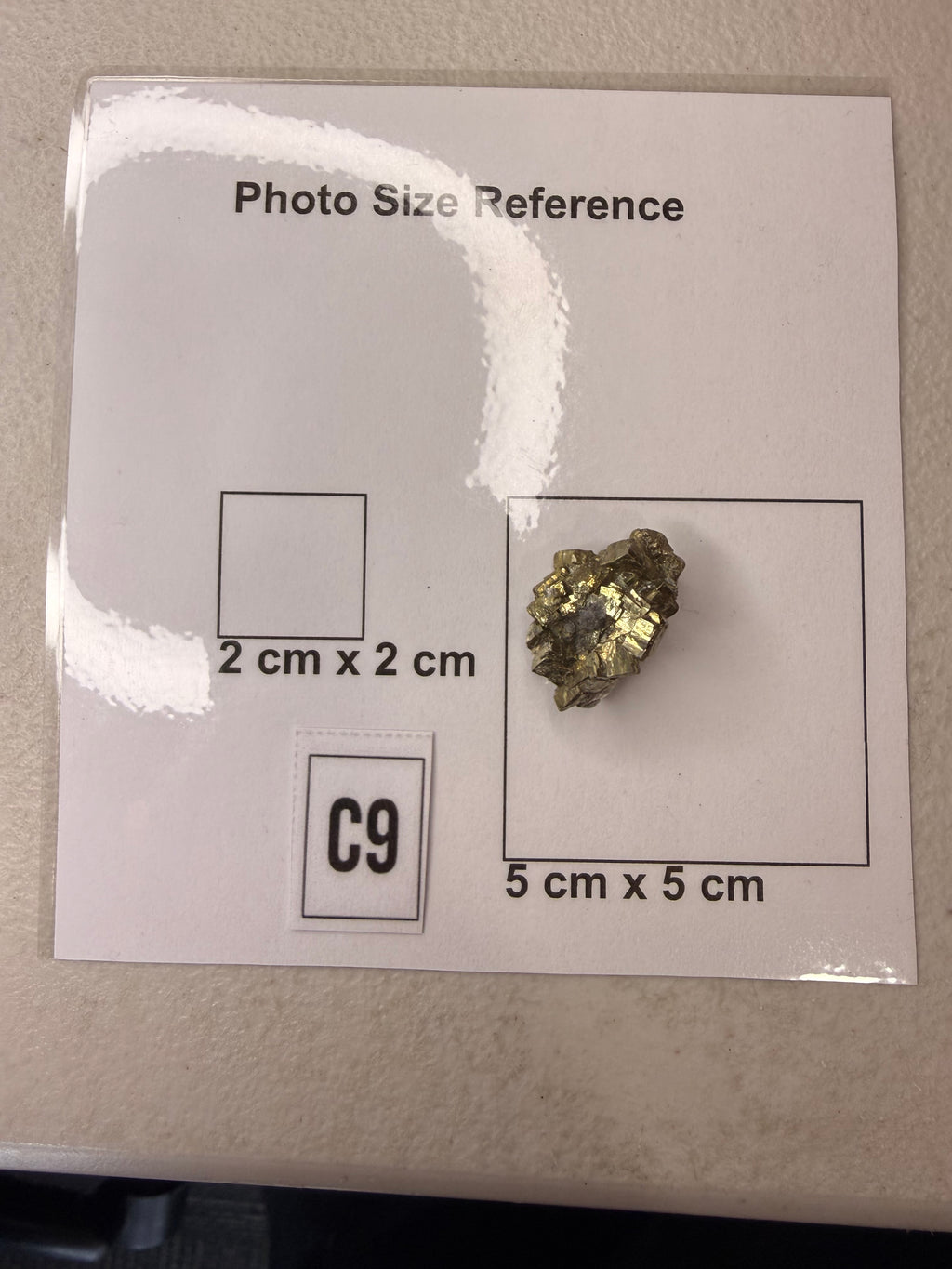 Small pyrite cluster on grey background, full view