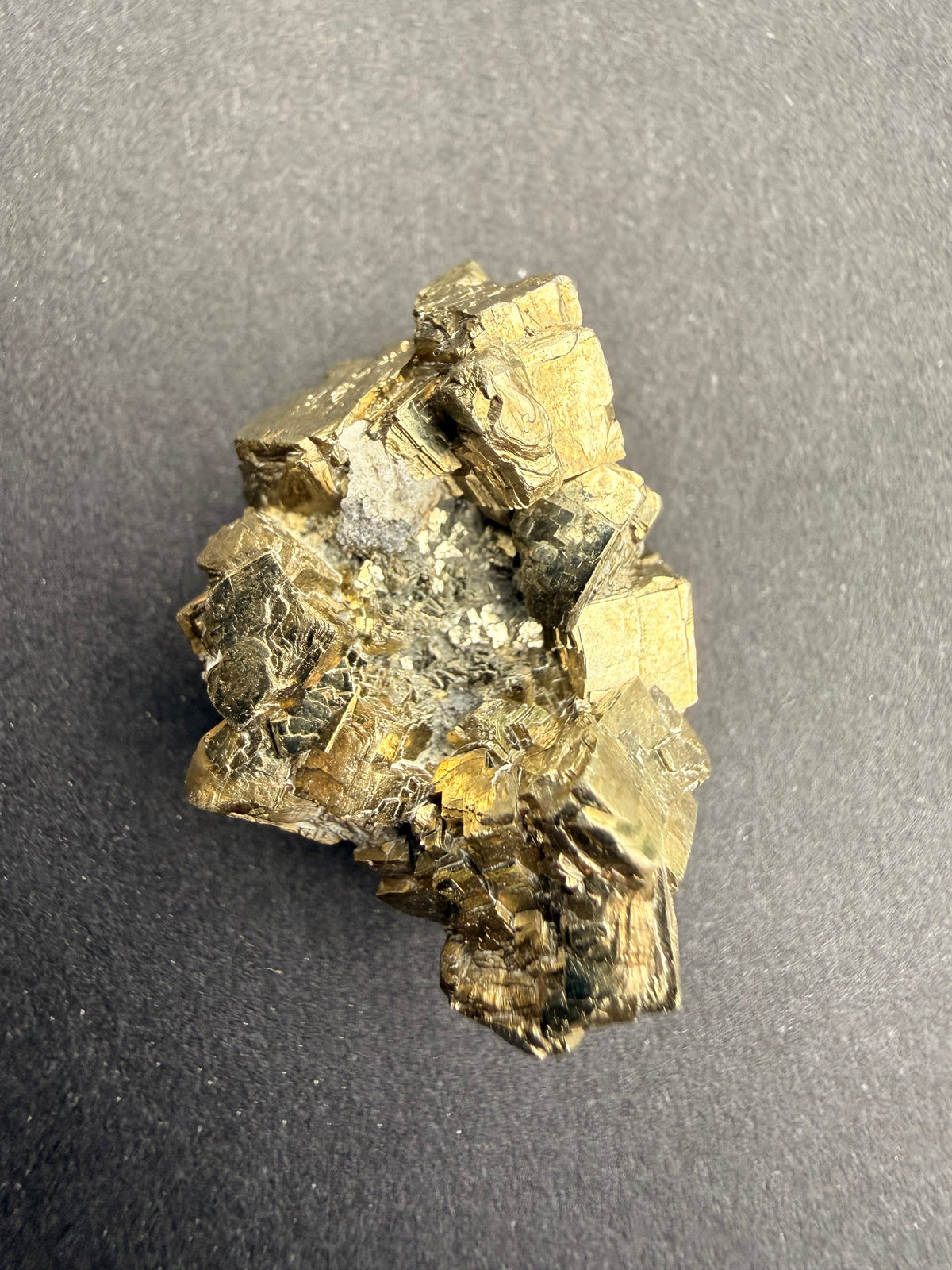 Small pyrite cluster close-up of cubic crystal formation