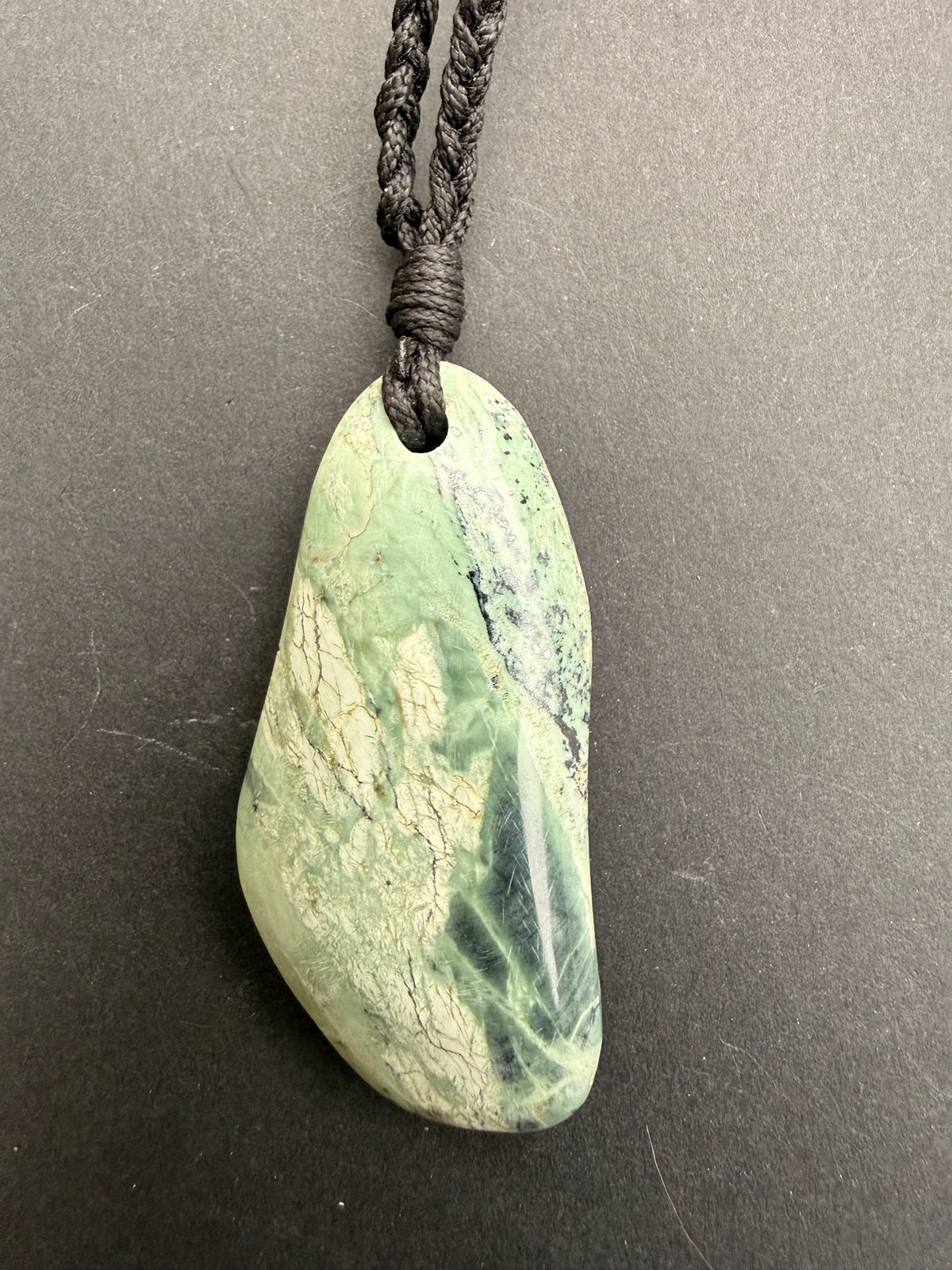 New Zealand serpentine necklace pendant, hand-carved, hanging view