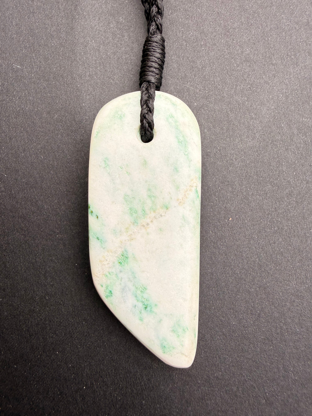 NZ Aotea Stone pendant necklace with fuchsite and quartz, hanging view